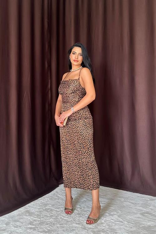 Wholesale Leopard Print Satin Dress with Back Detail - Leopard
