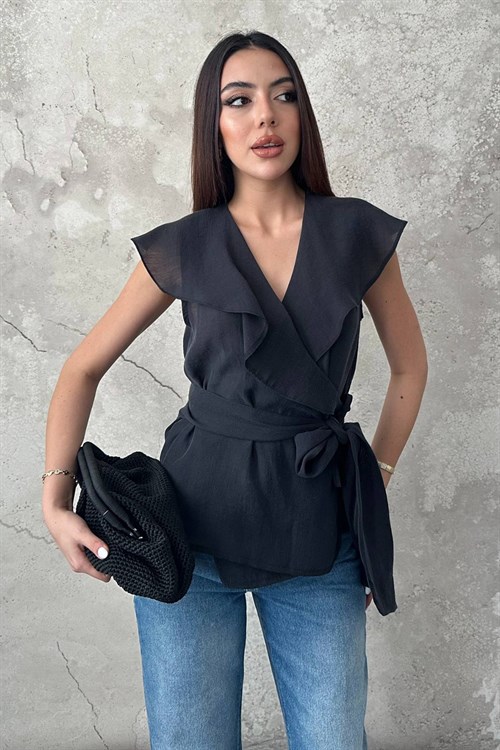 Wholesale Black Blouse with Tie Front