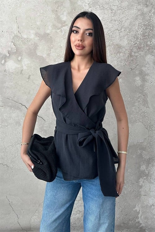 Wholesale Black Blouse with Tie Front