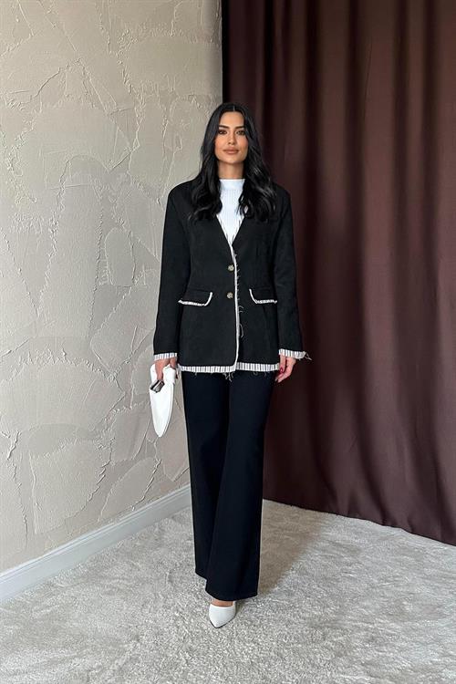 Wholesale Striped Lined Garnish Suede Jacket - Black