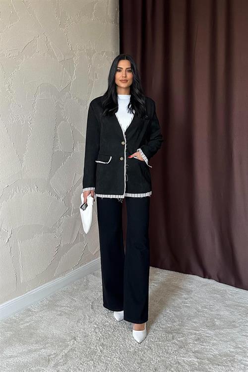 Wholesale Striped Lined Garnish Suede Jacket - Black