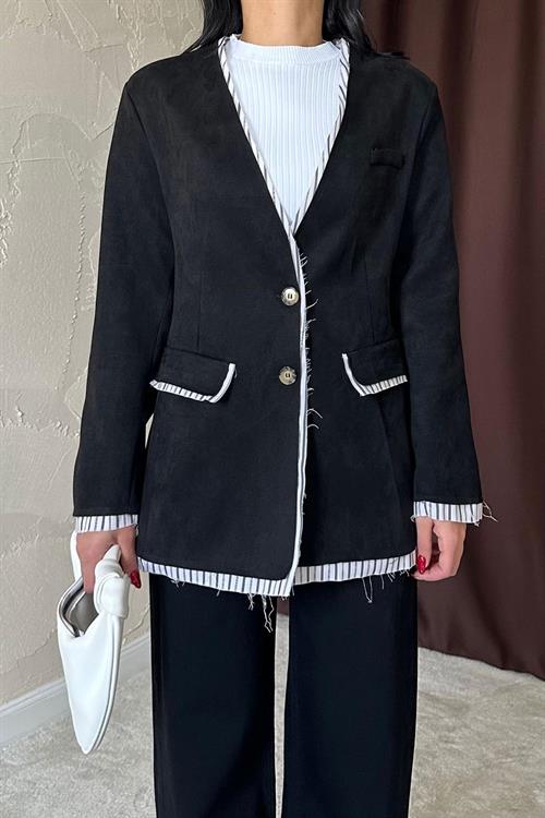 Wholesale Striped Lined Garnish Suede Jacket - Black
