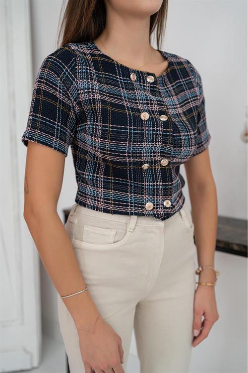 Wholesale Striped And Buttoned Blouse - Black