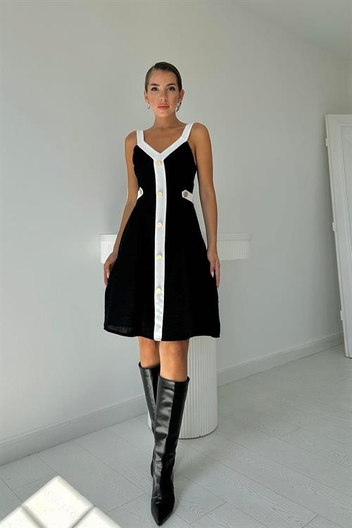 Toptan Siyah Ekru Süs Cepli Askılı Elbise