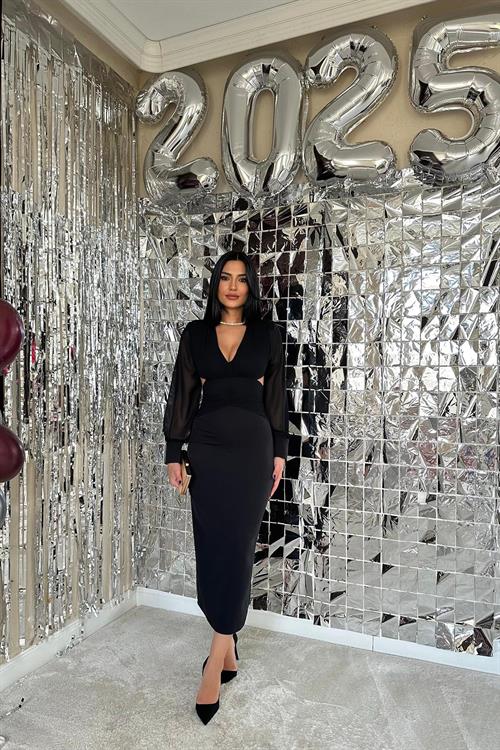 Wholesale Black Chiffon Sleeve Back Detailed Dress