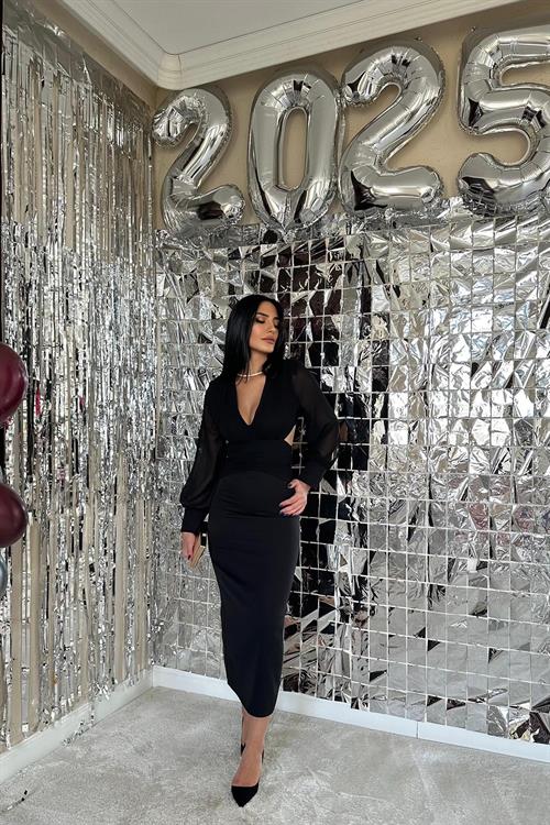 Wholesale Black Chiffon Sleeve Back Detailed Dress