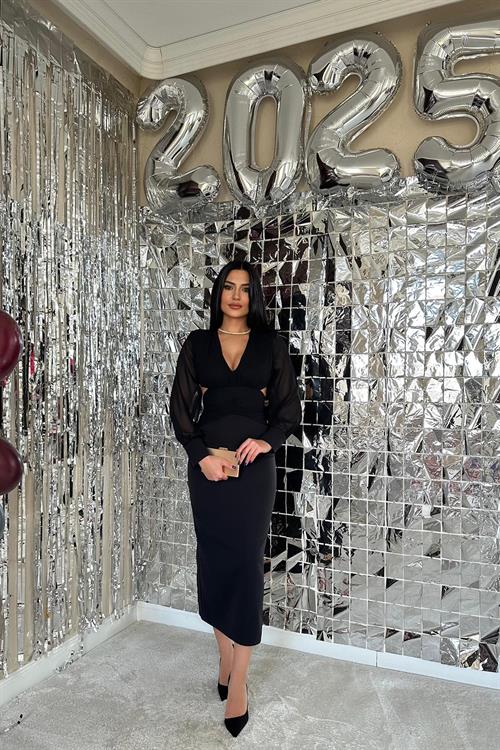 Wholesale Black Chiffon Sleeve Back Detailed Dress