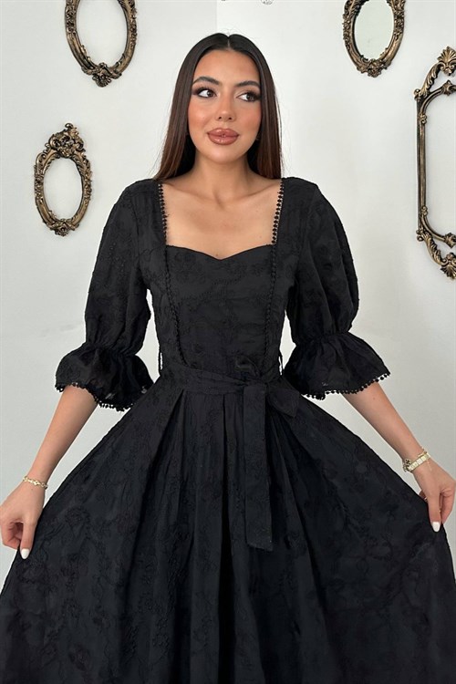 Wholesale Black Embroidery Dress with Elastic Sleeves