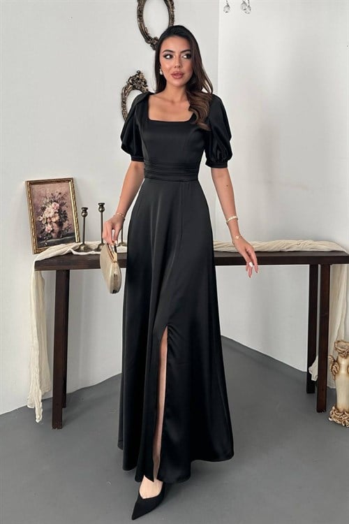 Wholesale Black Satin Dress with Front Slit