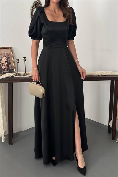Wholesale Black Satin Dress with Front Slit