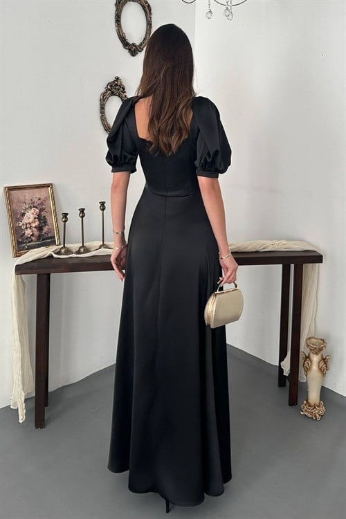 Wholesale Black Satin Dress with Front Slit