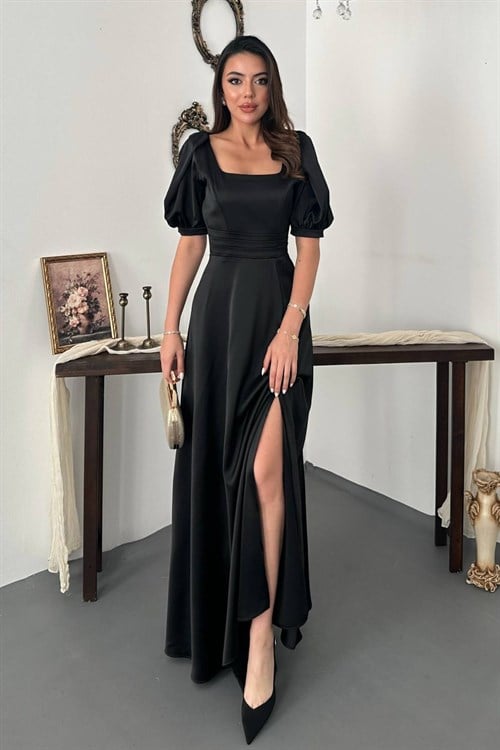 Wholesale Black Satin Dress with Front Slit