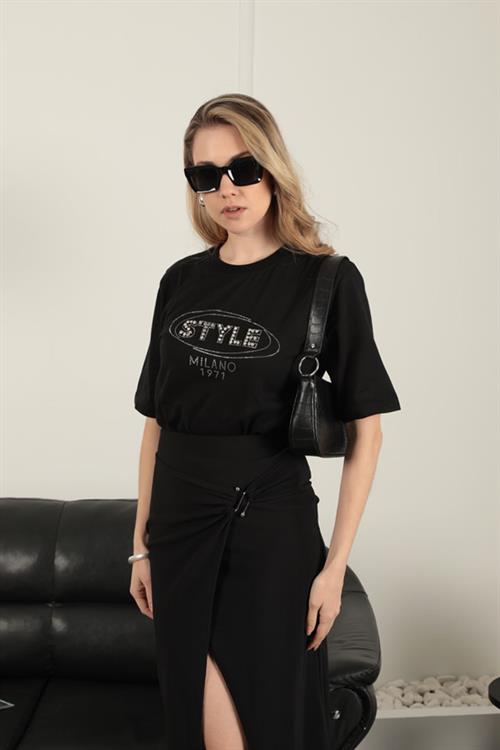 Stone Detailed WomenS T-Shirt-Black