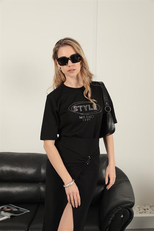 Stone Detailed WomenS T-Shirt-Black
