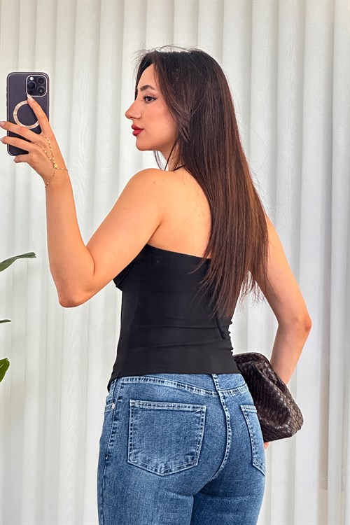 Straplez Boyundan Bağlamalı Balenli Toptan Siyah Büstiyer
