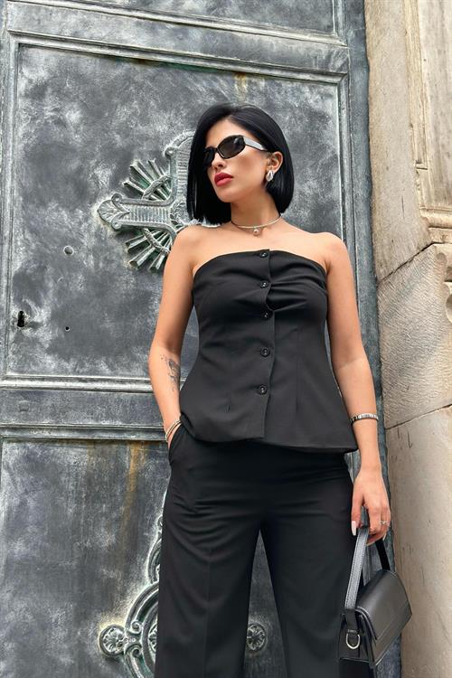 Wholesale Black Strapless Button-Up Crop And Straight Trousers Suit