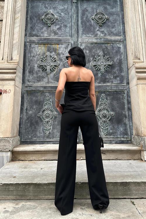 Wholesale Black Strapless Button-Up Crop And Straight Trousers Suit