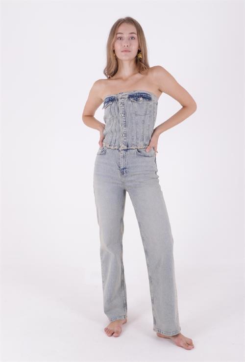 Straplez Önü Düğmeli Kot Tulum 3023-42-(XS-L-6)