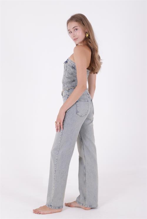 Straplez Önü Düğmeli Kot Tulum 3023-42-(XS-L-6)