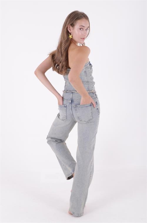 Straplez Önü Düğmeli Kot Tulum 3023-42-(XS-L-6)