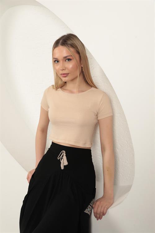 Strawberry Viscose Fabric Basic Crop-Beige