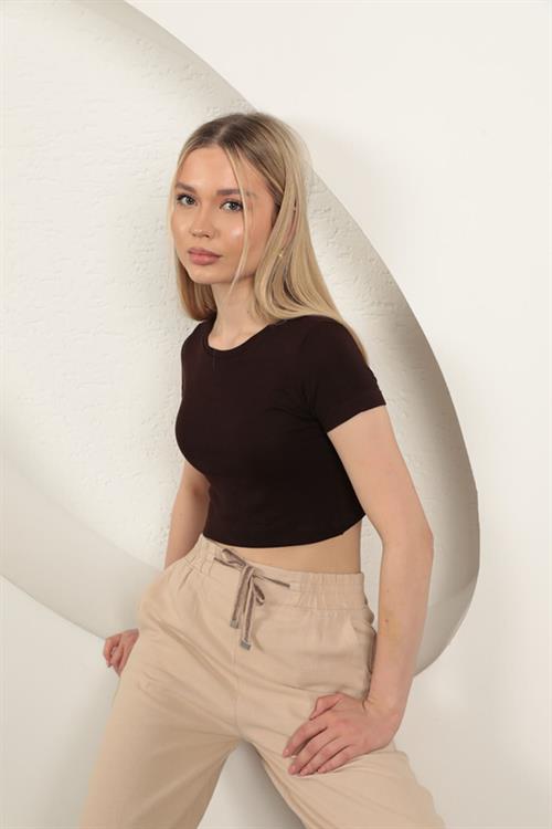 Strawberry Viscose Fabric Basic Crop-Brown