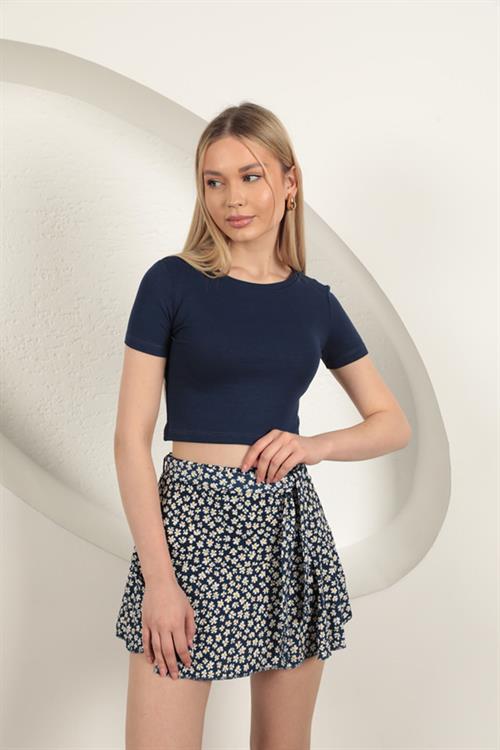 Strawberry Viscose Fabric Basic Crop-Navy Blue