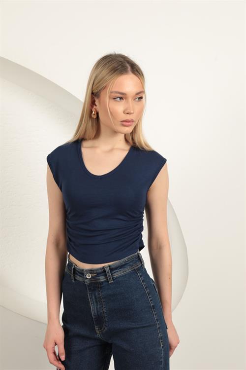 Strawberry Viscose Fabric Side Gathered Blouse-Navy Blue