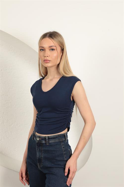 Strawberry Viscose Fabric Side Gathered Blouse-Navy Blue