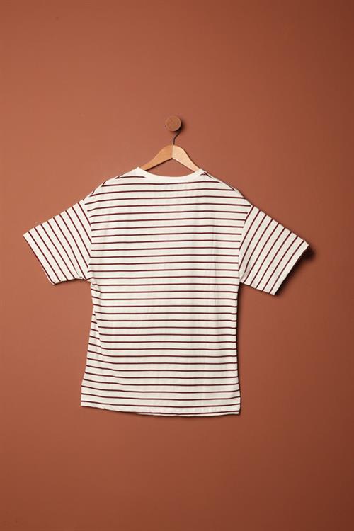 Striped Crew Neck T-Shirt-Burgundy