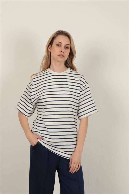 Striped Crew Neck T-Shirt-Navy Blue