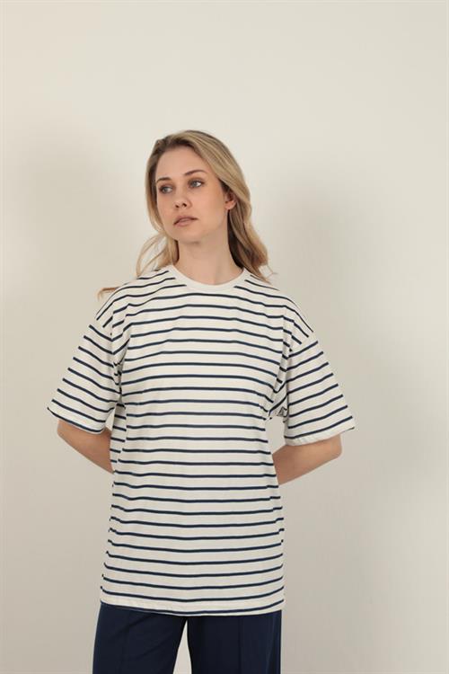 Striped Crew Neck T-Shirt-Navy Blue