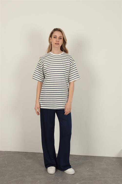 Striped Crew Neck T-Shirt-Navy Blue