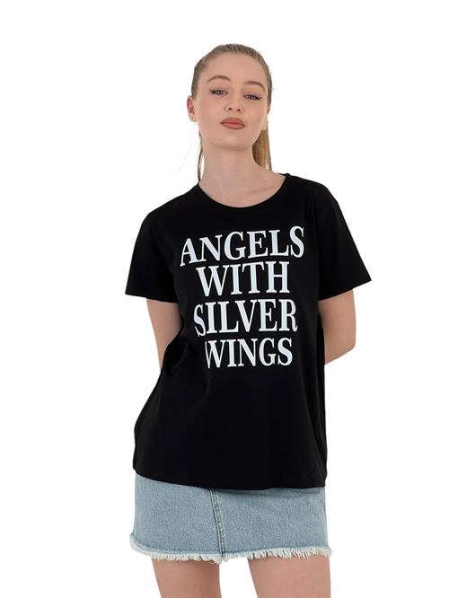 Angels With Silver Wings Printed Black T-Shirt