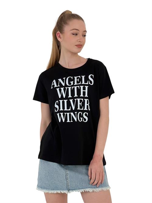 Angels With Silver Wings Printed Black T-Shirt