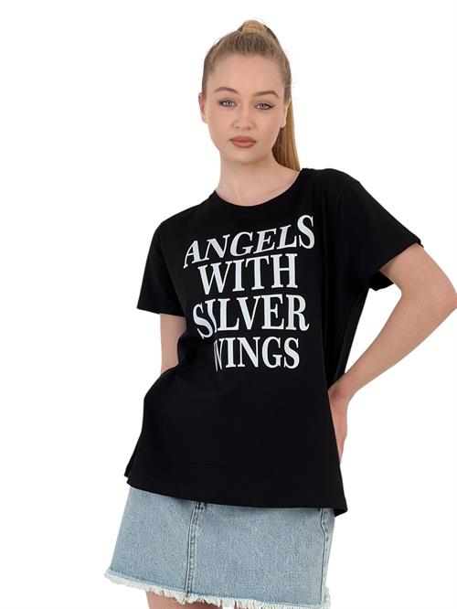 Angels With Silver Wings Printed Black T-Shirt