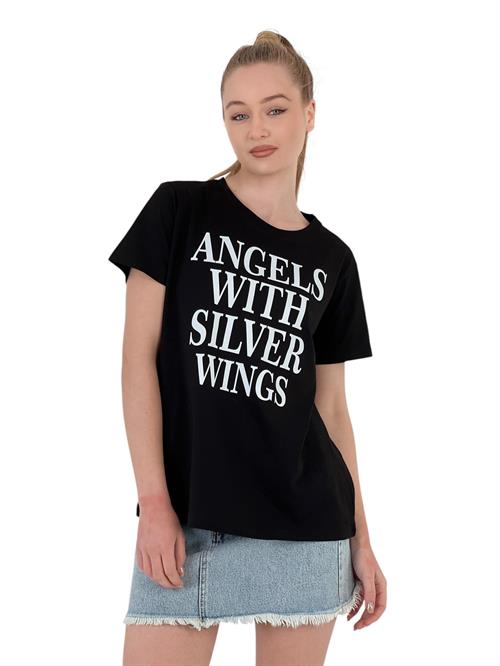 Angels With Silver Wings Printed Black T-Shirt