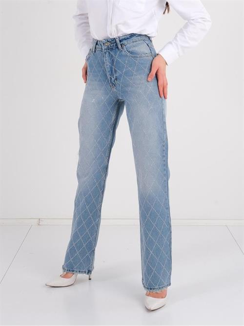 Diamond Patterned Stone Embroidered Wide Leg Jean Trousers