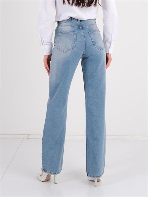 Diamond Patterned Stone Embroidered Wide Leg Jean Trousers