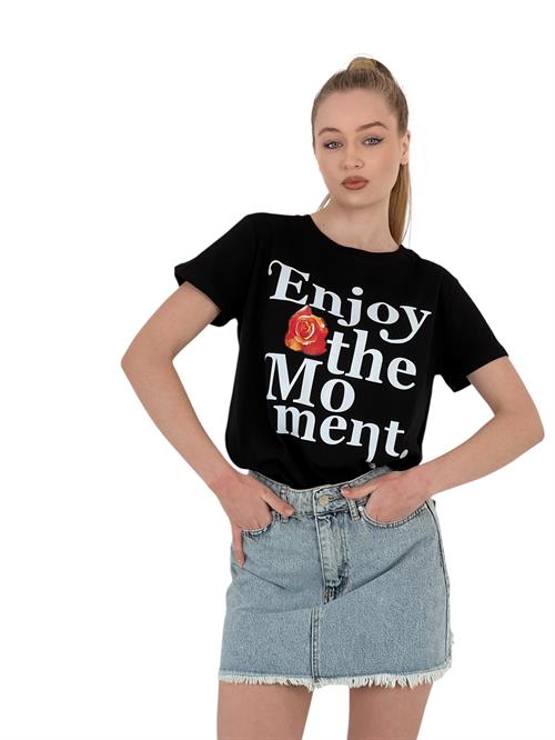 Enjoy The Moment Printed Black Oversize T-Shirt