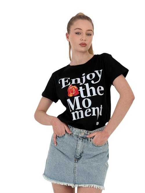 Enjoy The Moment Printed Black Oversize T-Shirt