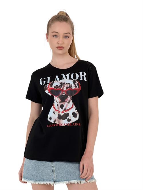Glamor Printed Black Oversize T-Shirt