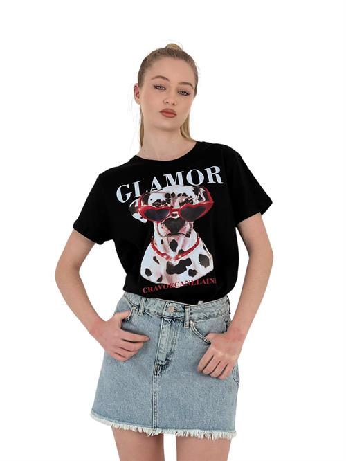 Glamor Printed Black Oversize T-Shirt