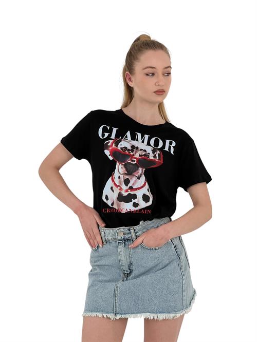 Glamor Printed Black Oversize T-Shirt