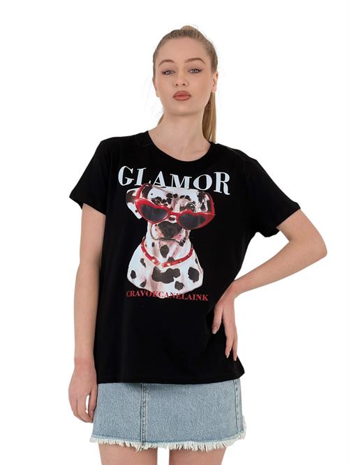 Glamor Printed Black Oversize T-Shirt