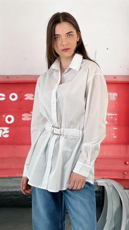 Belt Detailed White Oversize Shirt