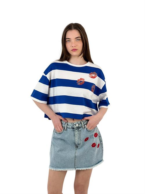 Blue and White Striped Oversize T-Shirt - Print Detailed