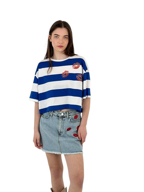 Blue and White Striped Oversize T-Shirt - Print Detailed
