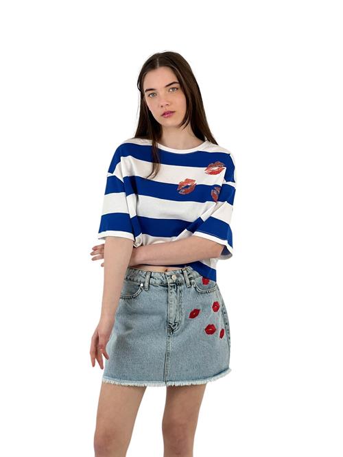 Blue and White Striped Oversize T-Shirt - Print Detailed