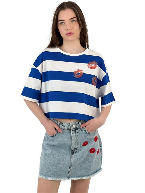 Blue and White Striped Oversize T-Shirt - Print Detailed